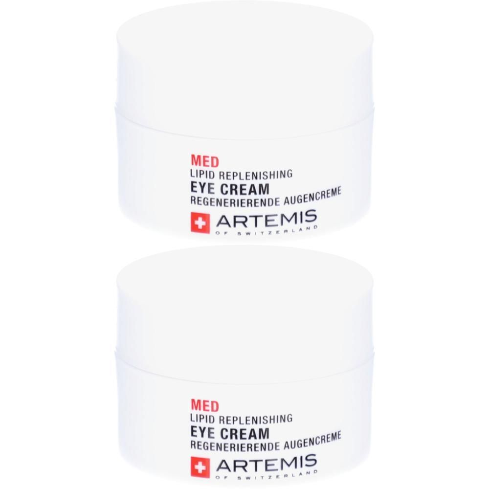 Twee witte potten met rode en zwarte tekst. Opschrift: MED Lipid Replenishing Eye Cream, Artemis.