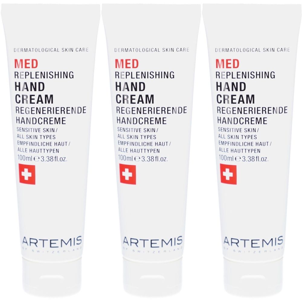 Drie witte tubes handcrème. Op elke tube staat "MED REPLENISHING HAND CREAM". Daaronder een rood kruis. Merk: ARTEMIS.