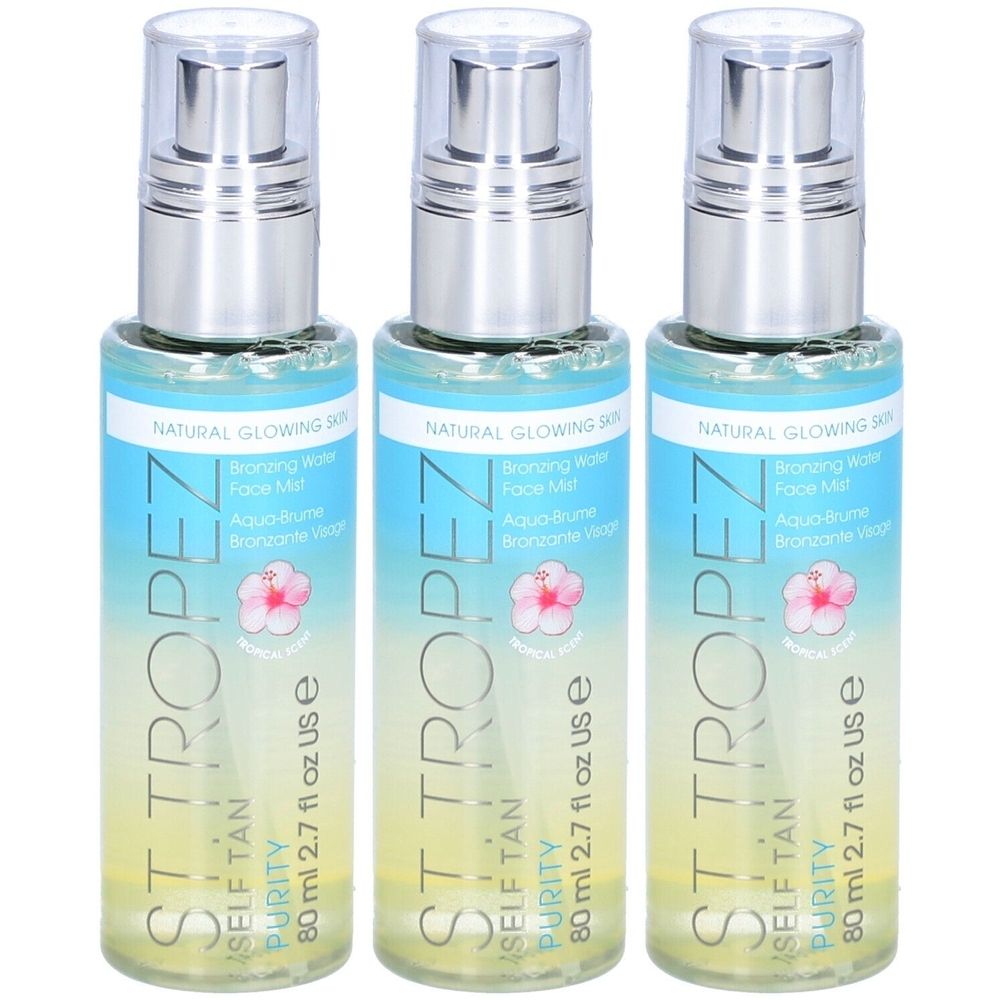 Drie St. Tropez® Self Tan Purity gezichtsmist. Transparante flacons met zilveren verstuivers. Opschrift: Aqua-Brume Bronzante Visage.