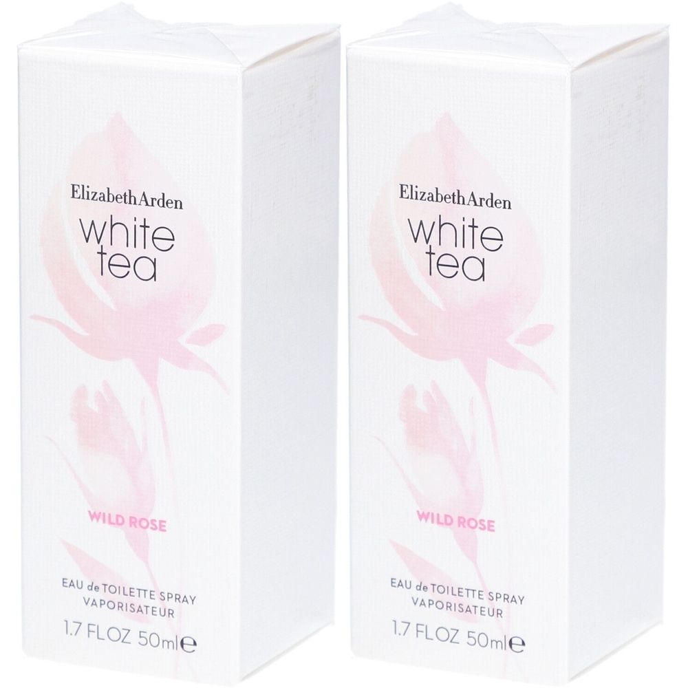 Twee witte dozen met productinformatie. Opschrift: Elizabeth Arden White Tea Wild Rose Eau de Toilette Spray.