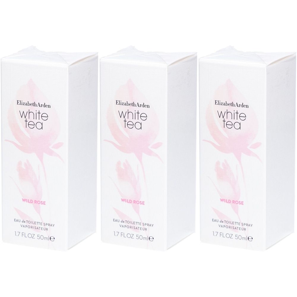 Drie witte dozen met productinformatie. Opdruk: Elizabeth Arden White Tea Wild Rose Eau de Toilette Spray. Roze roos tekening.