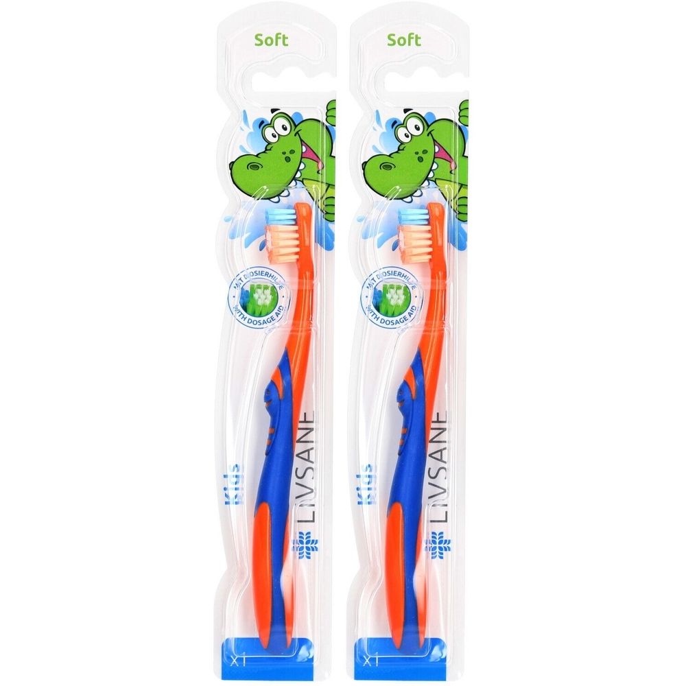 Twee kinder-tandenborstels in verpakking. Oranje borstelkop, blauwe en oranje handgreep. Opschrift: LIVSANE, Soft.