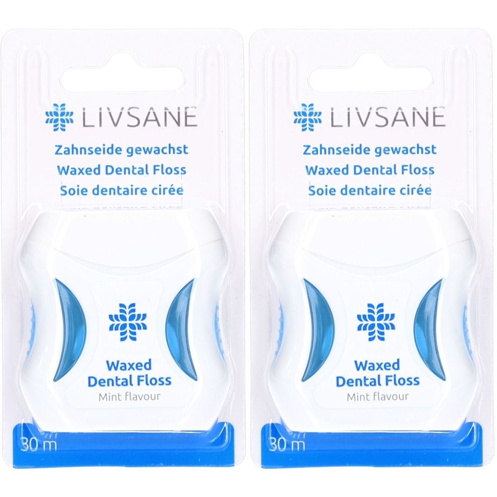 Twee verpakkingen tandzijde. Witte plastic containers met blauwe accenten. Opschrift: LIVSANE, Waxed Dental Floss, 30 m.