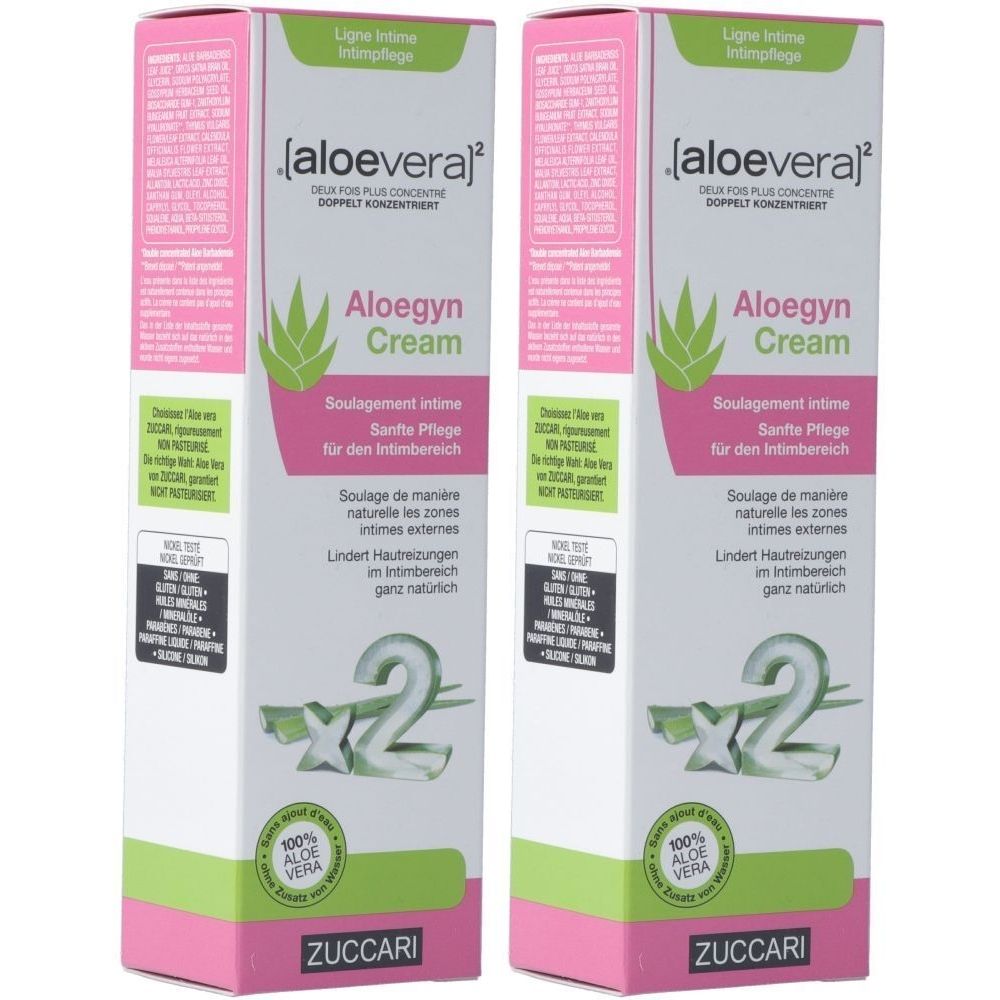 Deux boîtes de crème [aloevera]² Aloegyn. Emballage rose, blanc et vert. Texte : Aloegyn Cream, 100% Aloe Vera, ZUCCARI.