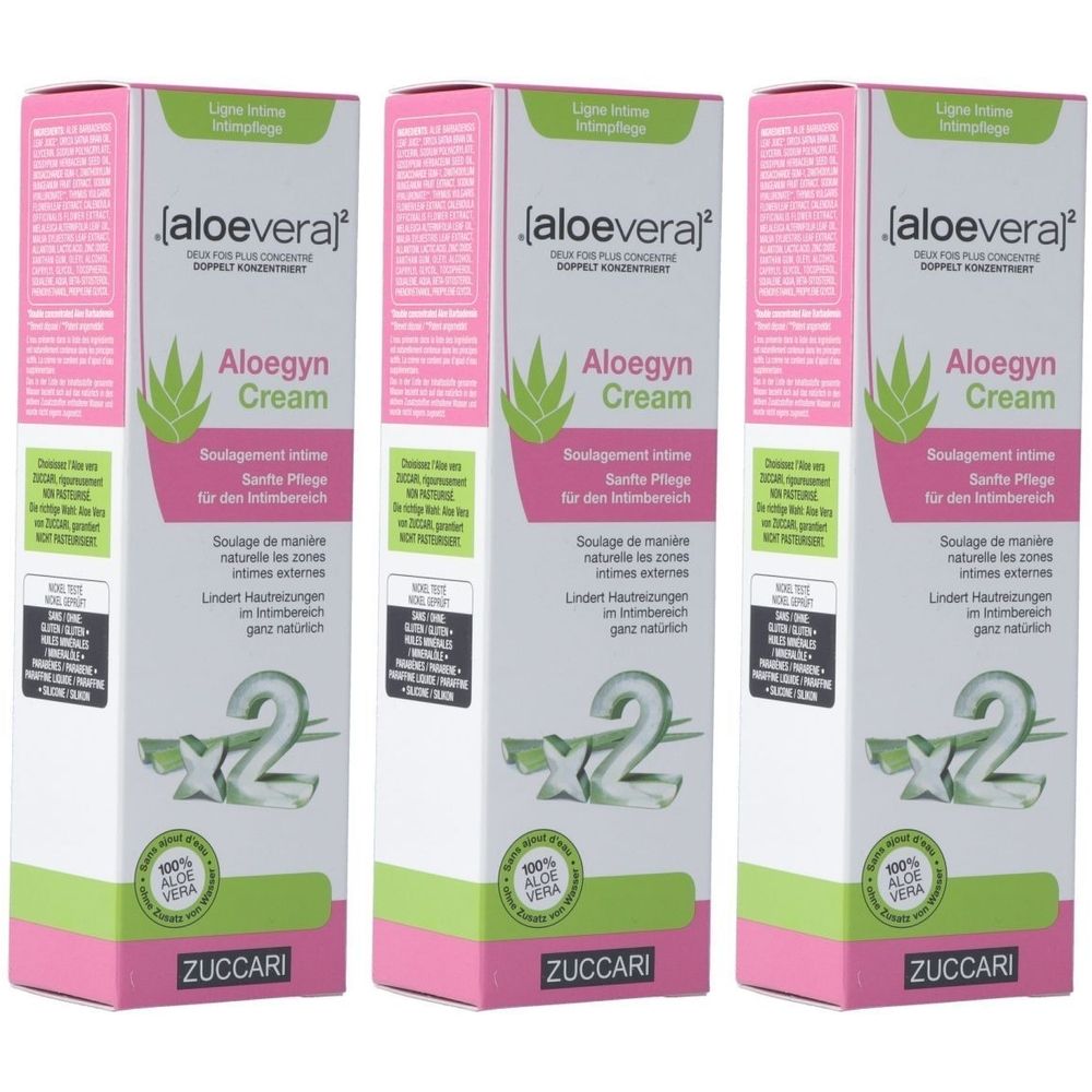 Trois boîtes de crème [aloevera]² Aloegyn. Emballage rose, blanc et vert. Texte : Aloegyn Cream, Zuccari, 100% Aloe Vera.