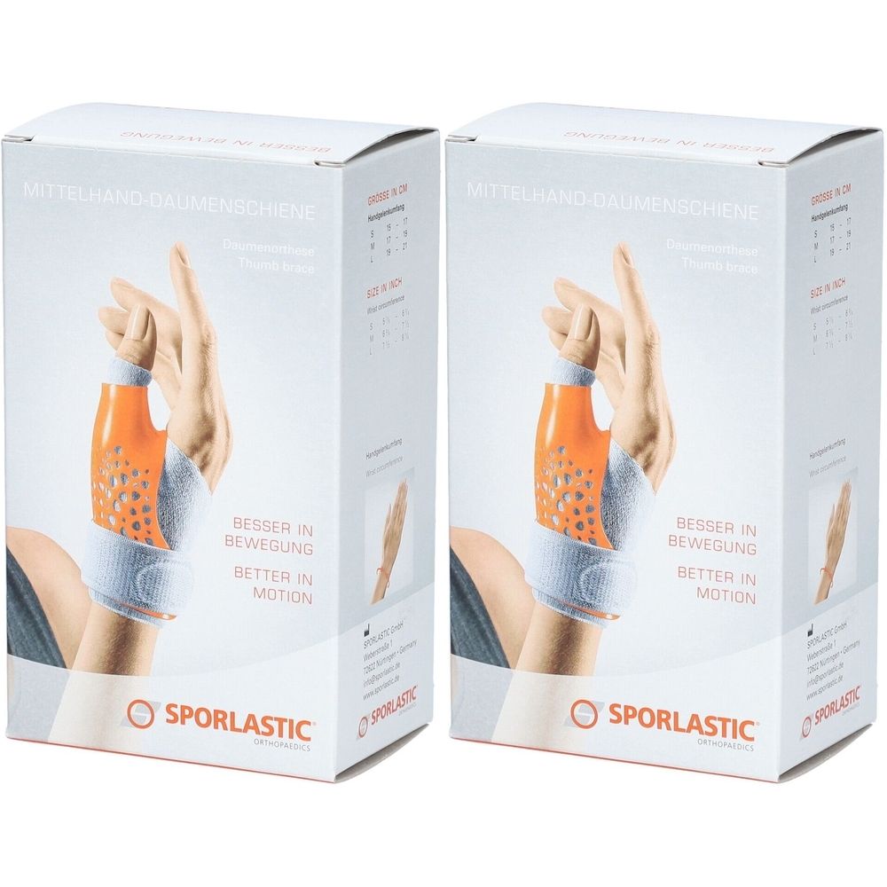 Deux boîtes de produit. Inscription : Attelle pouce-main. Une main avec une orthèse est montrée. Marque : Sporlastic.