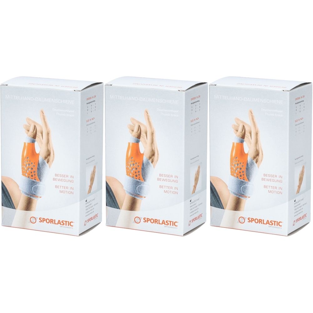 Trois boîtes de produit. Impression : orthèse de la main, élément orange, bandage du poignet. Marque : Sporlastic. Texte : Mieux en mouvement.