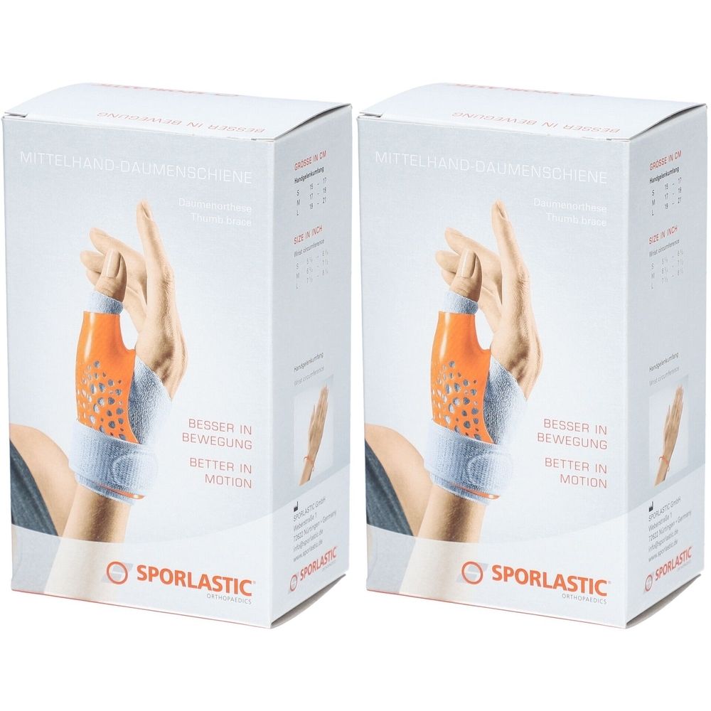 Deux boîtes de produit. Impression : SPORLASTIC, attelle pour le pouce. Illustration : main avec attelle. Texte : Mieux en mouvement.