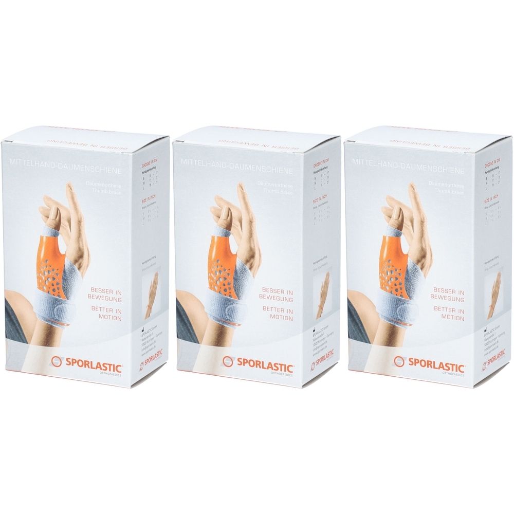 Drie productverpakkingen. Op elke doos staat een handbrace afgebeeld. De tekst SPORLASTIC is zichtbaar.