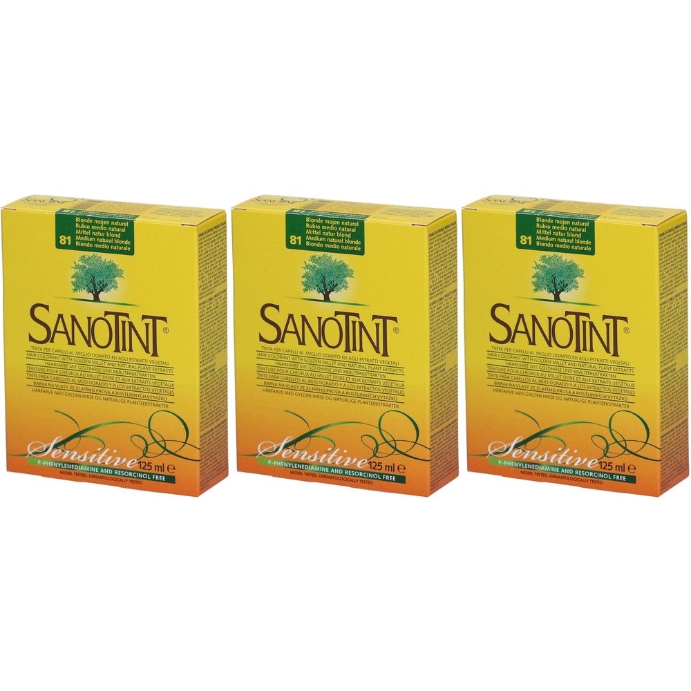 Trois boîtes jaunes SANOTINT. Inscription: Sensitive, 125 ml. En haut: 81 Mittel Naturblond.