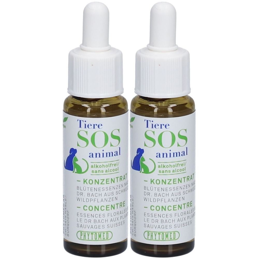 Deux flacons avec bouchon blanc et étiquette. Inscription : Tiere SOS animal, concentré, sans alcool. Marque : Phytomed.