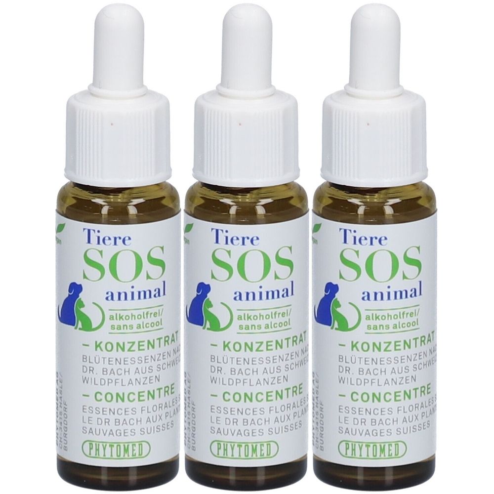 Drie flessen met witte dop en etiket. Opschrift: Tiere SOS animal, concentraat, alcoholvrij. Merk: Phytomed.