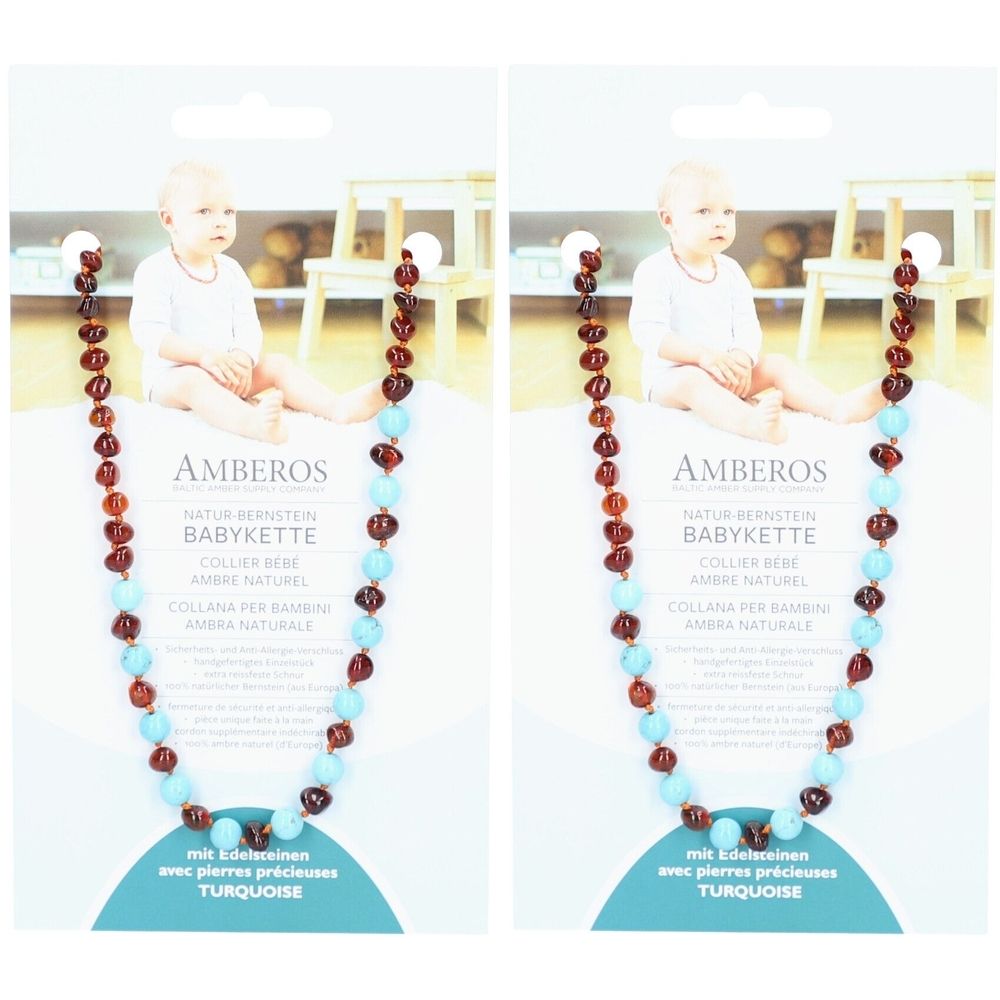Collier bébé en ambre naturel et turquoise. Sur carte avec photo de bébé. Marque AMBEROS. Texte: Babykette, Turquoise.