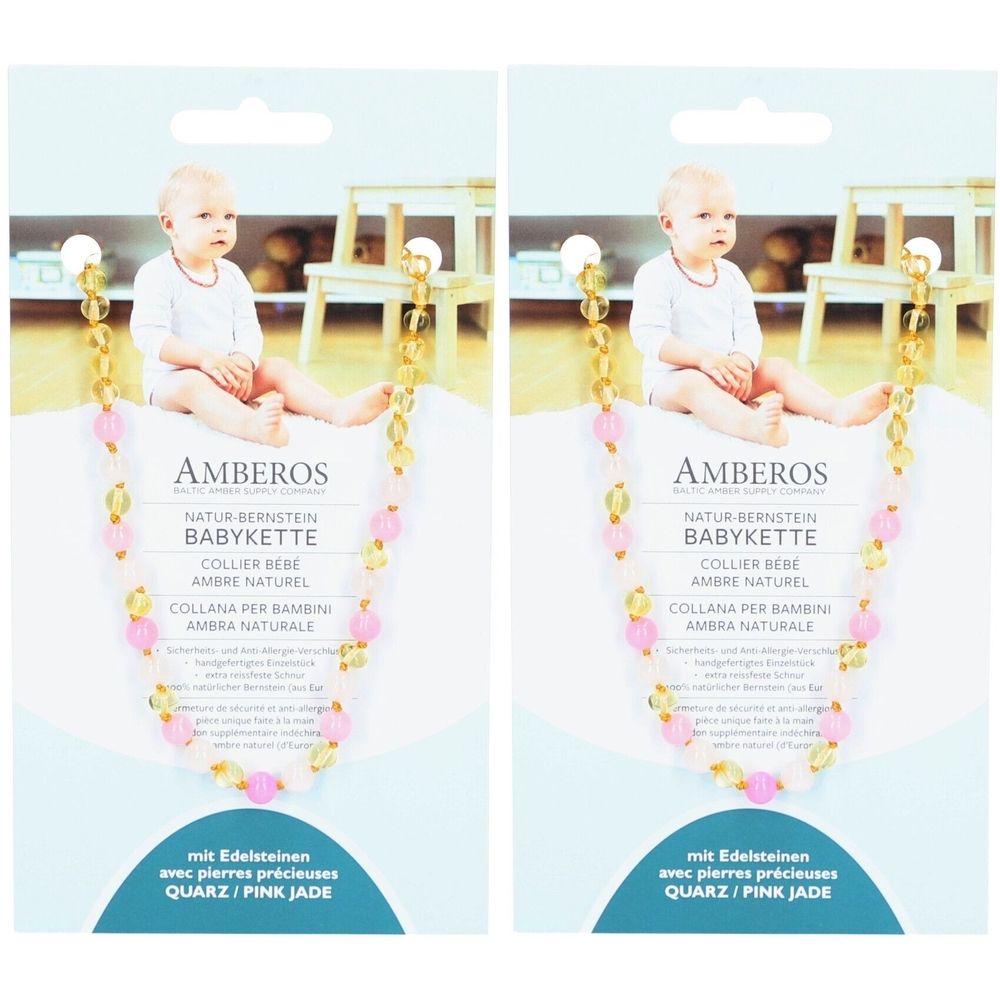 Collier pour bébé en ambre naturel et jade rose. Emballage avec photo du produit et bébé. Texte: AMBEROS, Babykette, Quarz/Pink Jade.