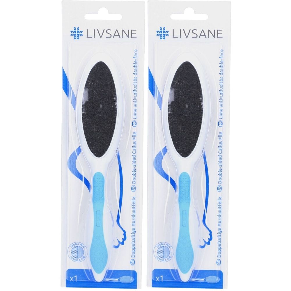 Twee eeltvijlen in verpakking. Wit-blauwe handgrepen, zwarte schuuroppervlakken. Merk: LIVSANE. Dubbelzijdig.