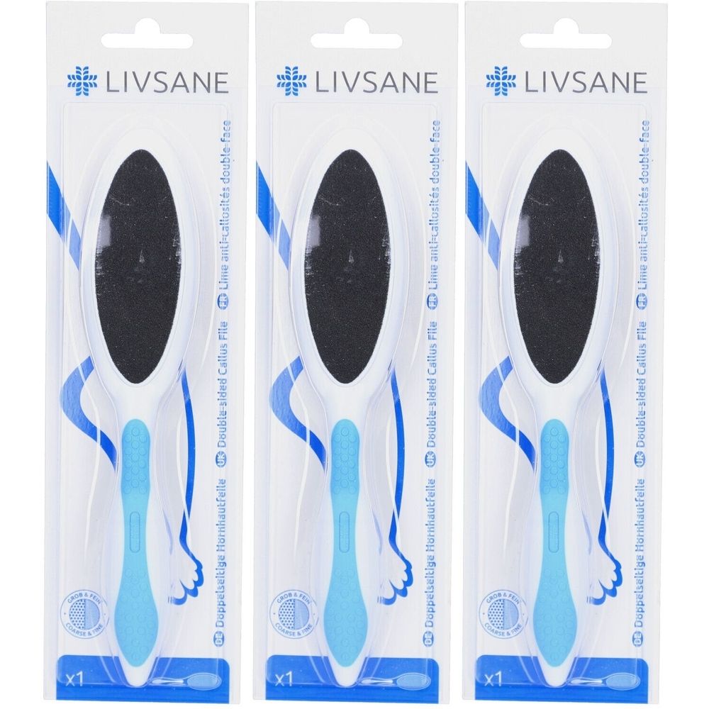 Drie eeltvijlen in blisterverpakking. Witte handgrepen met blauw handvat. Zwart, ovaal wrijfoppervlak. Productnaam LIVSANE.
