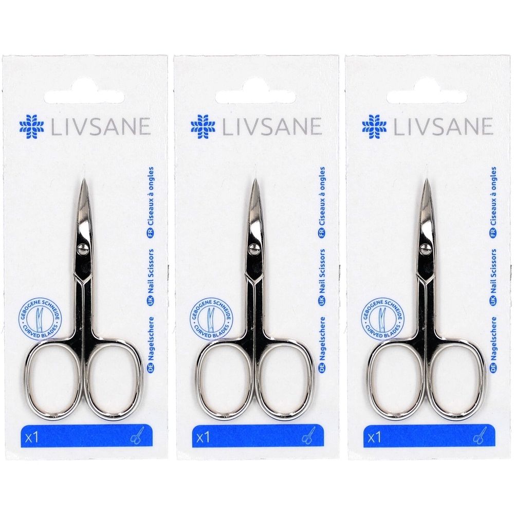 Trois ciseaux à ongles dans leur emballage. Marque LIVSANE. Métal, lames incurvées. x1 chacun. Inscription: Nagelschere, Nail Scissors, Ciseaux à ongles.