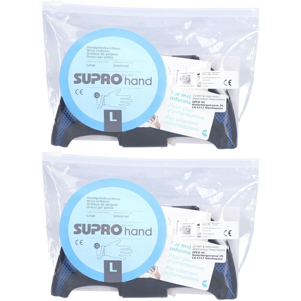 Twee SUPROhand handorthesen in plastic verpakking. Blauwe en zwarte elementen. Maat L. CE-markering.