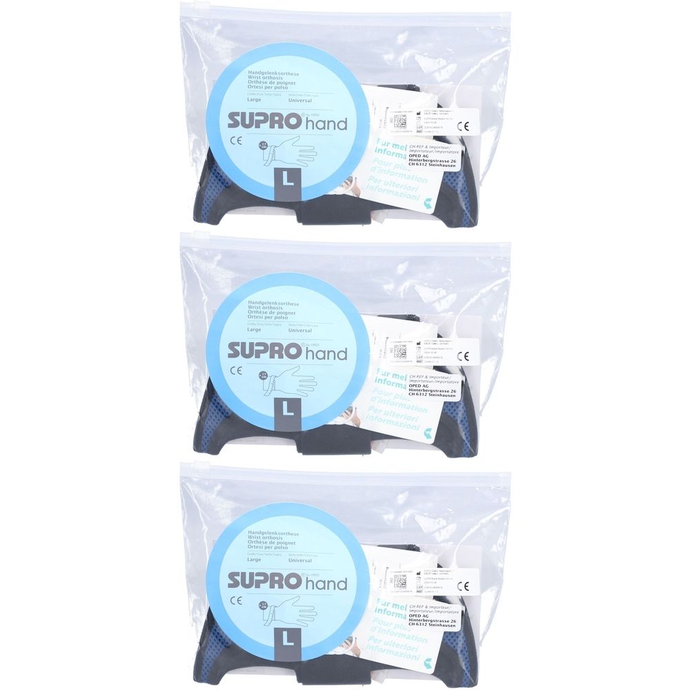 Drie handorthesen in plastic verpakking. Blauwe en zwarte elementen. Stickers met "SUPRO hand" en "L". CE-markering.