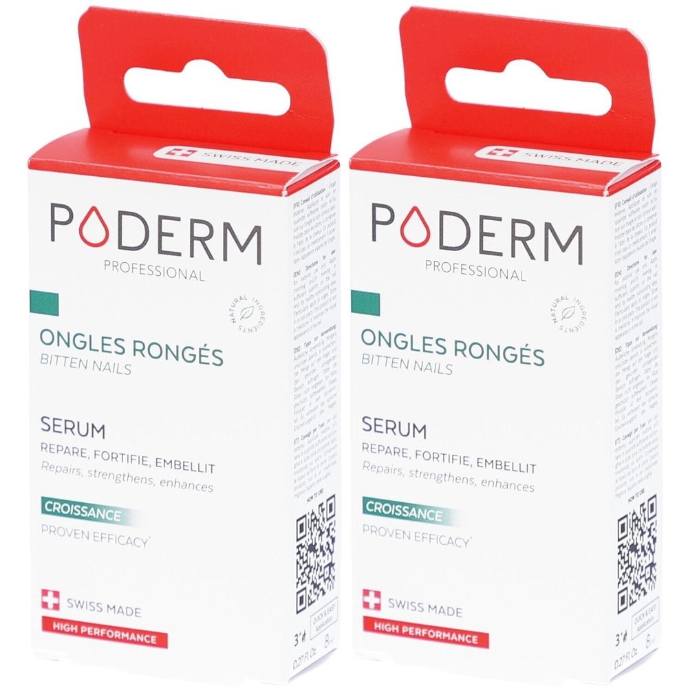 Twee dozen PODERM serum voor afgebeten nagels. Witte verpakking met rode bovenkant en handvat. Tekst: Ongles Rongés, Serum, Swiss Made.