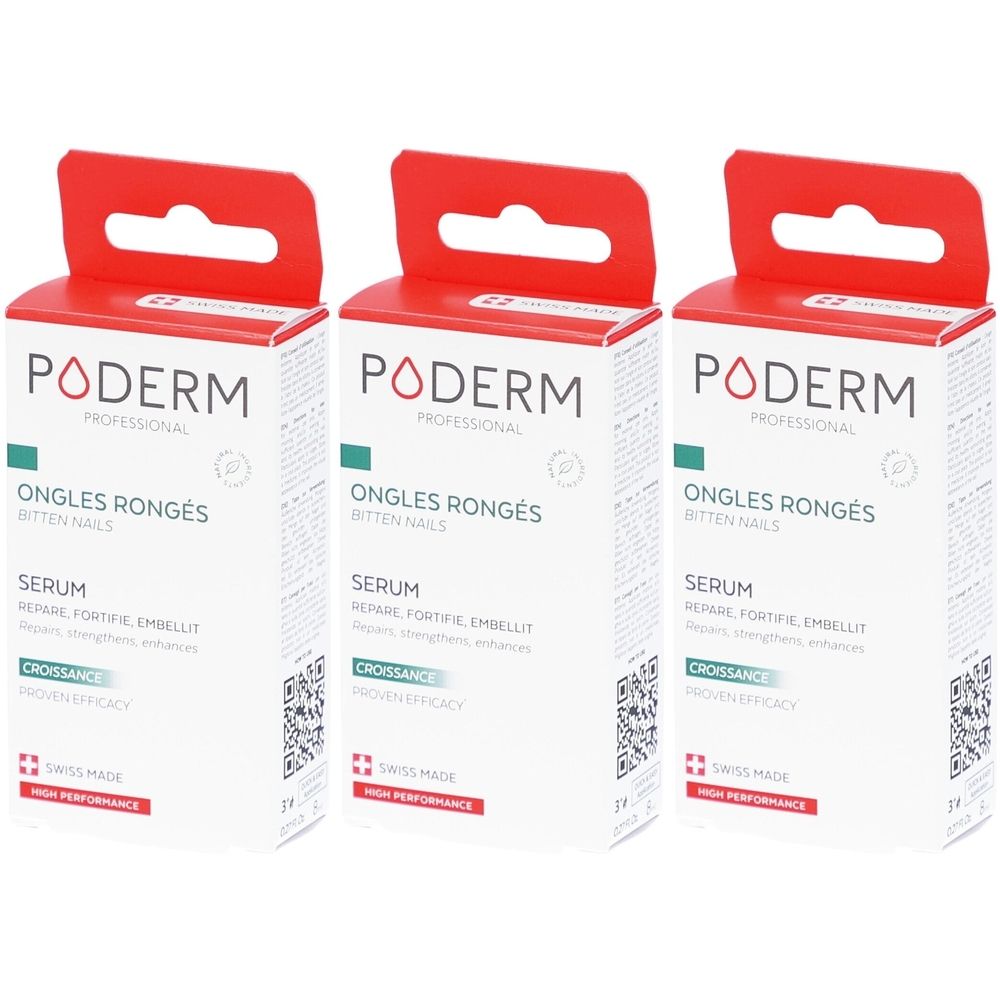 Drie dozen PODERM serum voor afgebeten nagels. Rode en witte verpakking met productinformatie en Zwitserse vlag.