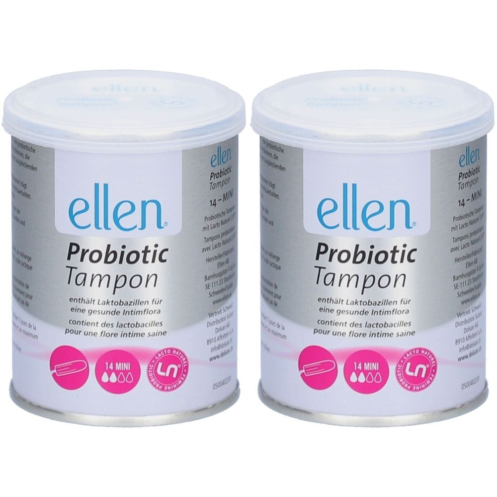 Deux boîtes de tampons probiotiques ELLEN. Boîtes blanches avec texte bleu. Contient 14 mini-tampons. Symboles roses.