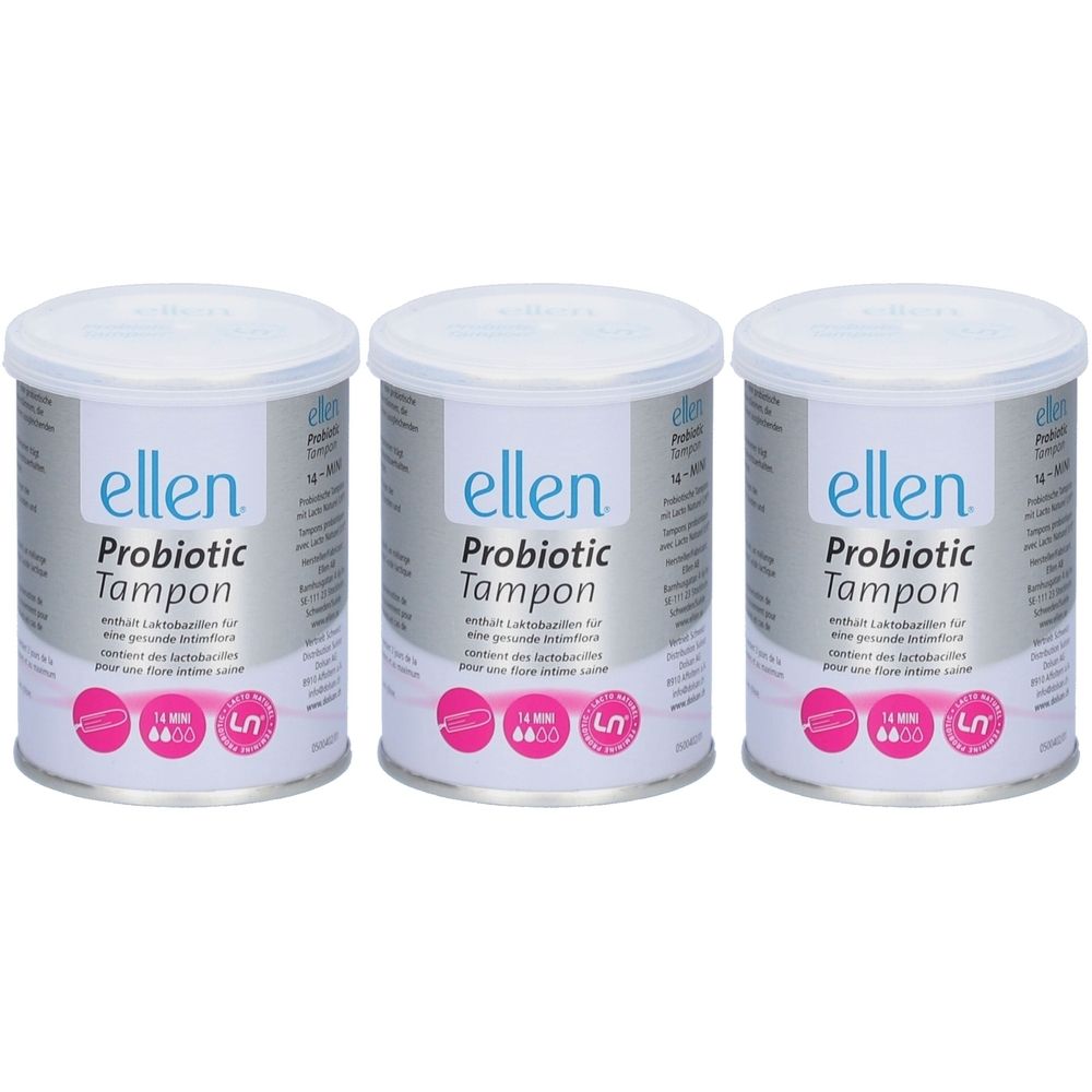 Trois boîtes de tampons Ellen Probiotic Mini. Couvercles blancs, boîtes argentées avec nom et logo du produit. Accents roses.