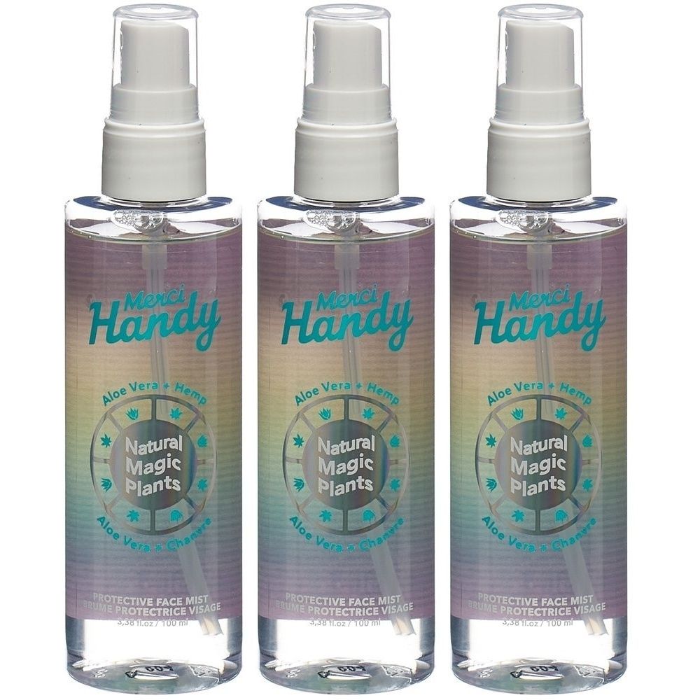 Drie spuitflessen met witte sproeikop. Op de flessen staat "Handy", "Natural Magic Plants" en "Aloe Vera + Hemp".