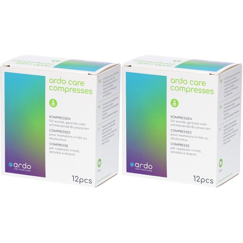 Twee dozen Ardo Care Compresses. Opschrift: kompressen voor pijnlijke tepels. Verpakking van 12 stuks. Logo: Ardo.