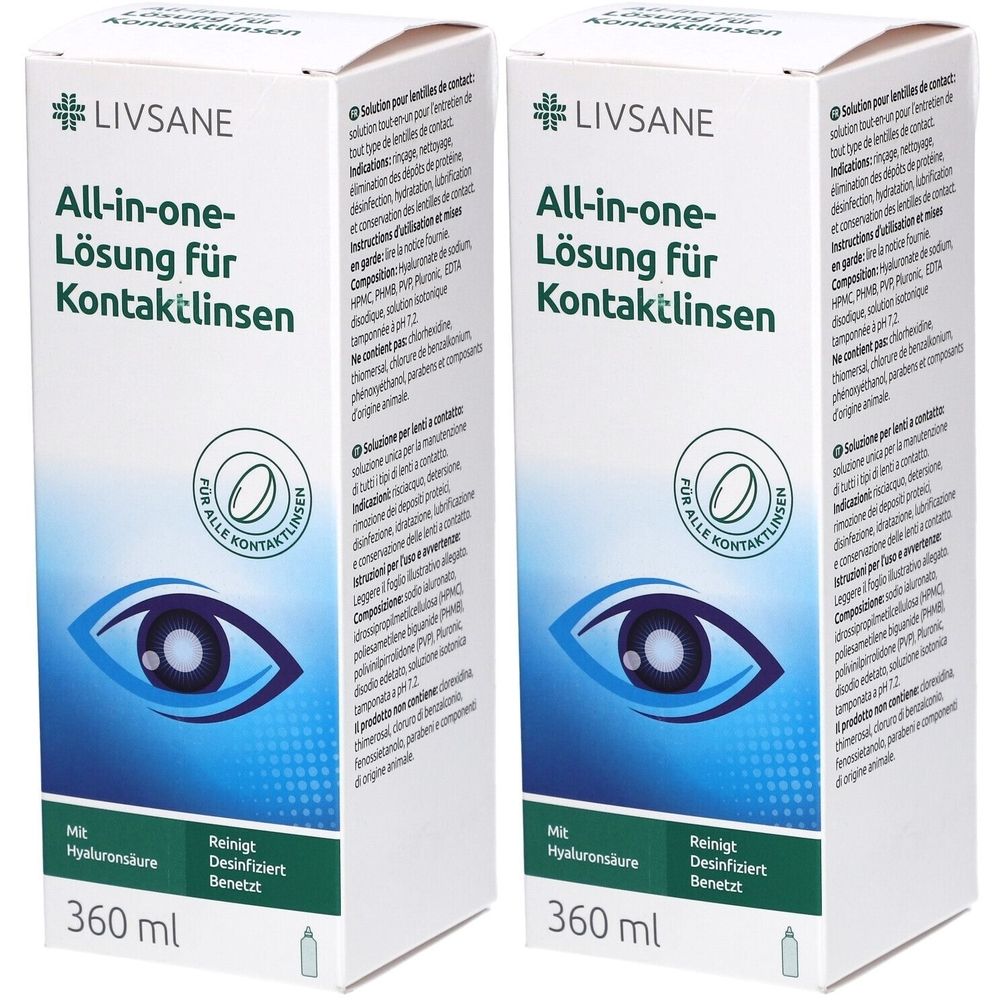 Twee witte dozen met LIVSANE All-in-one oplossing voor contactlenzen. Opschrift: Reinigt, desinfecteert, bevochtigt. Met hyaluronzuur. 360 ml.