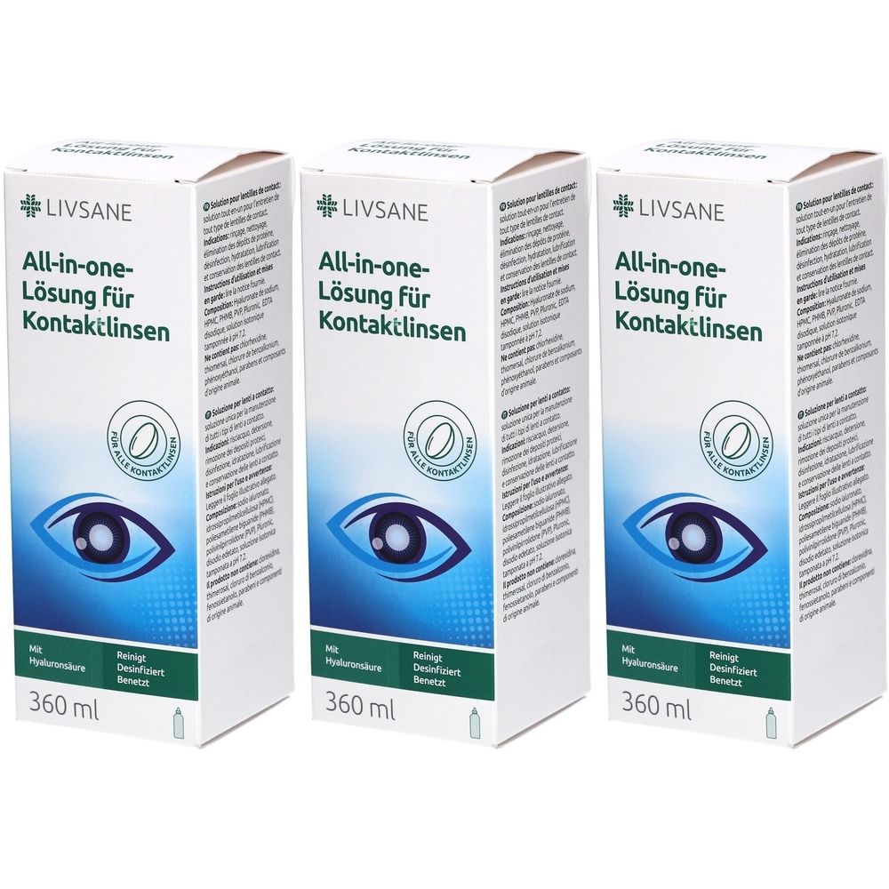 Trois boîtes de solution pour lentilles de contact. Inscription : LIVSANE, solution tout-en-un pour lentilles de contact. Avec acide hyaluronique. 360 ml.