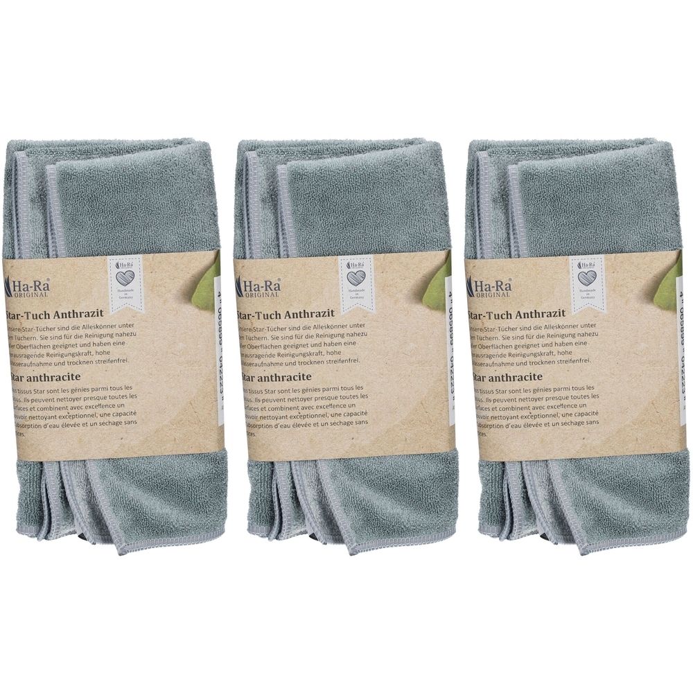 Drie grijze Ha-Ra® Star doeken, verpakt. Elke doek heeft een etiket met productinformatie. Antraciet.