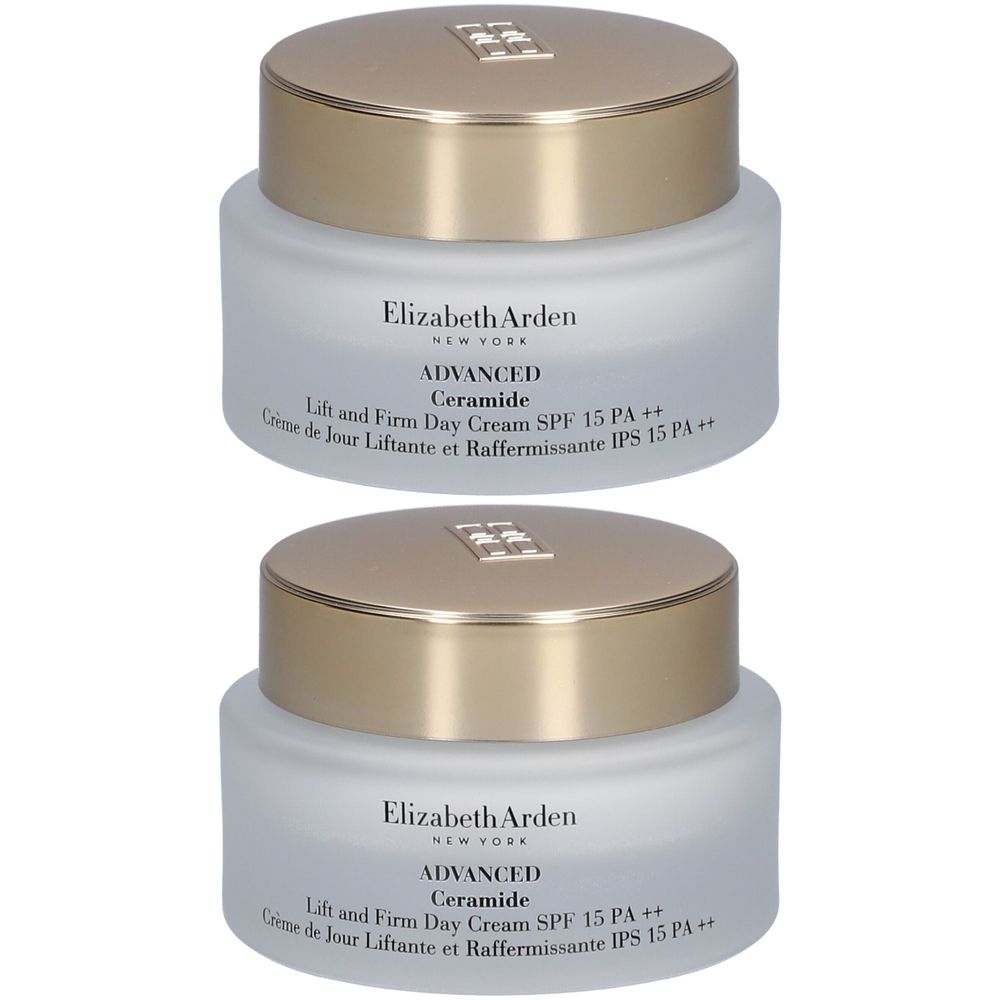 Deux pots avec couvercles dorés. Inscription "Elizabeth Arden ADVANCED Ceramide Lift and Firm Day Cream SPF 15 PA++" sur les pots.