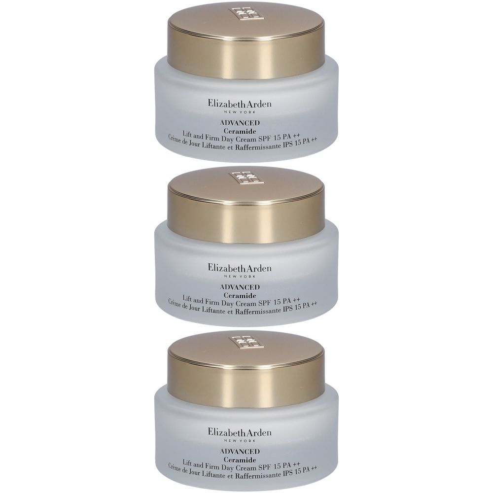 Trois pots de crème de jour Elizabeth Arden Ceramide. Récipients en verre avec couvercles dorés. Inscription: ADVANCED Ceramide, SPF 15 PA++.