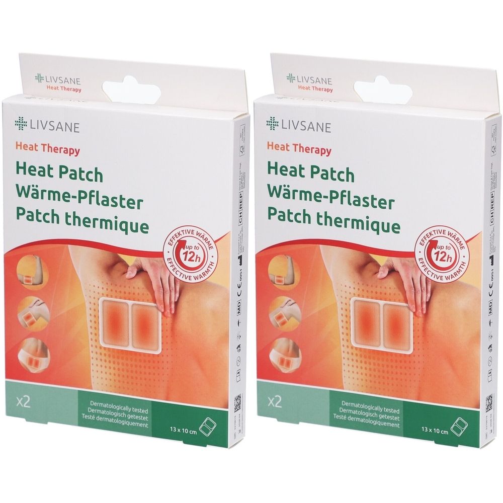Twee verpakkingen LIVSANE warmtepleisters. Opschrift: Heat Patch, 12h warmte. Afmeting 13 x 10 cm. Dermatologisch getest.