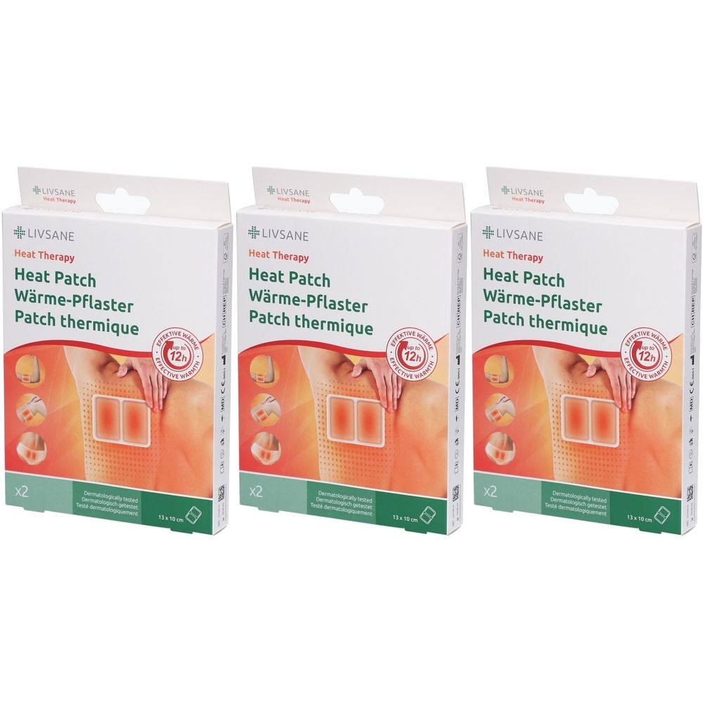 Drie verpakkingen LIVSANE warmtepleisters. Elke verpakking toont een afbeelding van het product en de tekst "Heat Patch".
