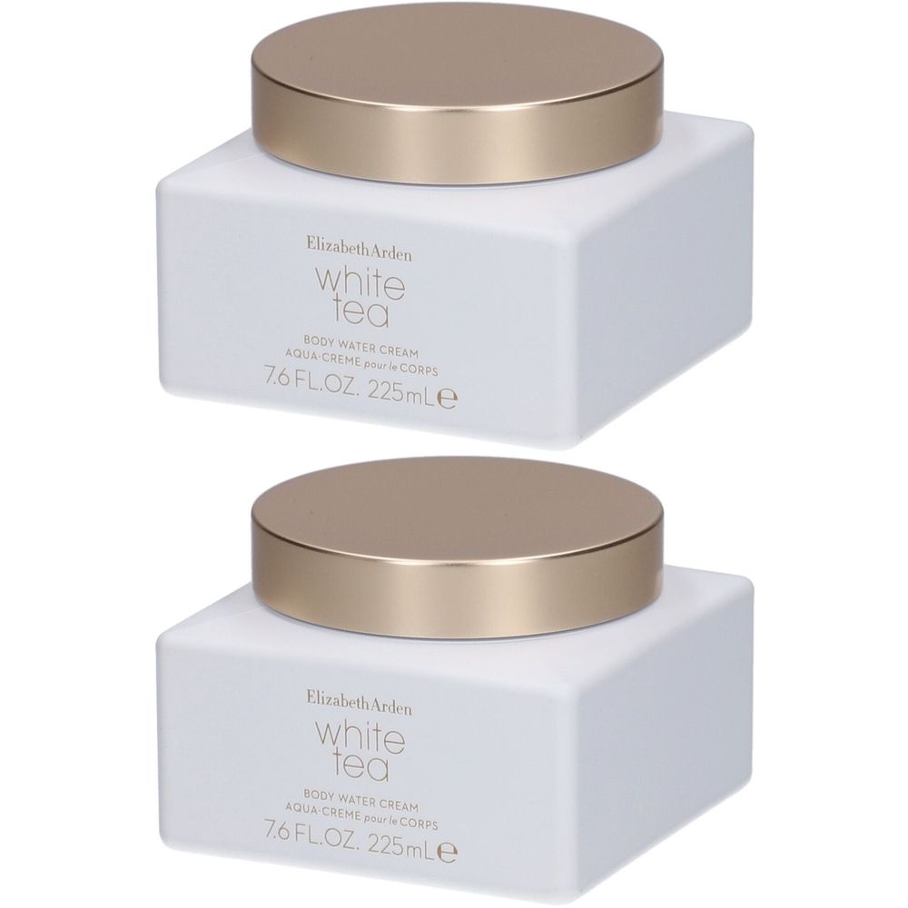 Deux pots blancs avec couvercles dorés. Sur le devant, inscription « Elizabeth Arden White Tea Body Water Cream ».
