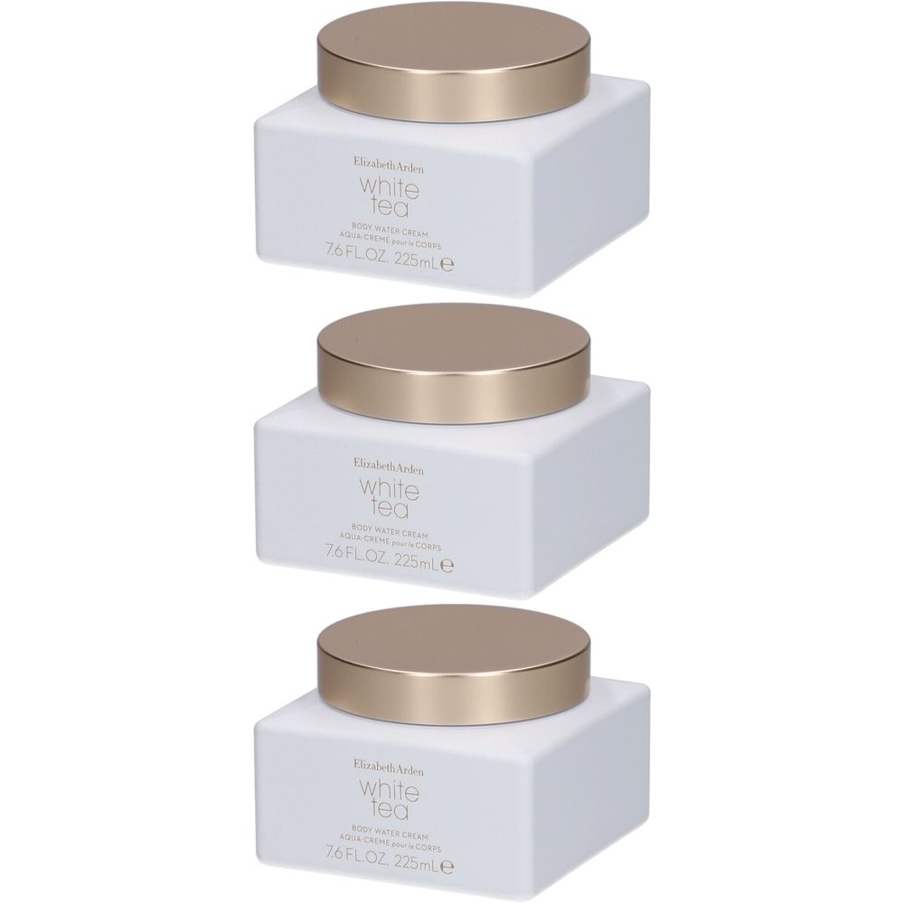 Trois pots blancs avec couvercles dorés. On peut lire "White Tea" et "Body Water Cream" sur les pots.