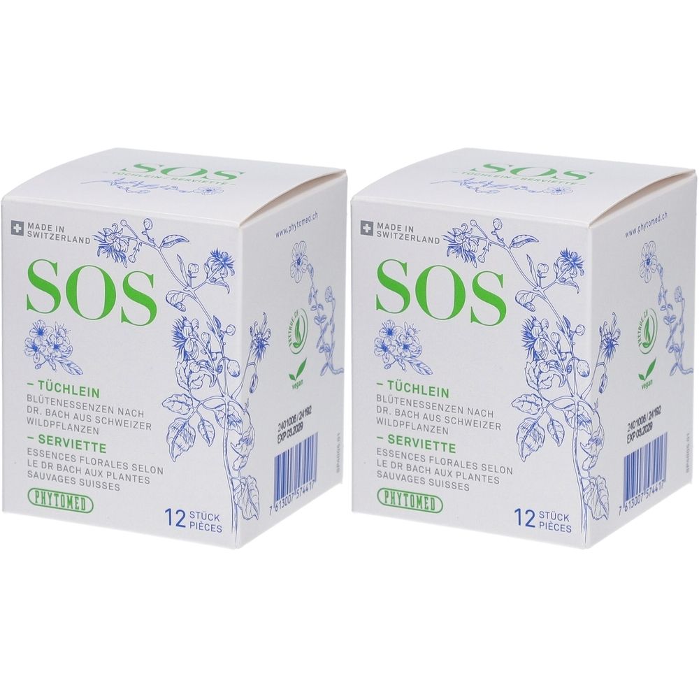 Twee witte dozen met groene tekst SOS, bloemenpatroon en tekst. Opschrift: Tüchlein, 12 stuks. Gemaakt in Zwitserland.