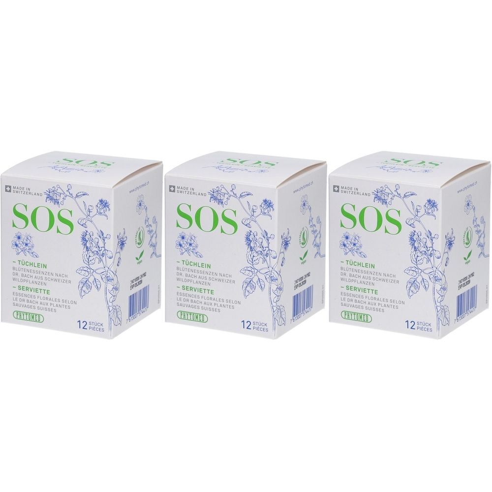 Drie vierkante dozen met SOS-logo, bloemenpatroon en tekst. Opschrift: Tüchlein, 12 stuks.