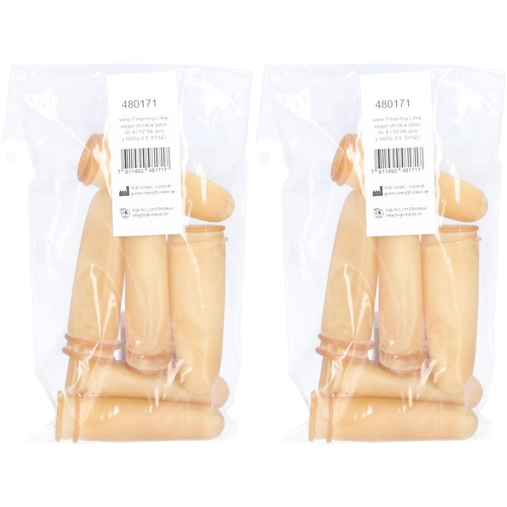 Deux sachets transparents contenant des doigtier en latex. Les doigtier sont beige clair et légèrement poudrés. Des étiquettes sont présentes sur les sachets.