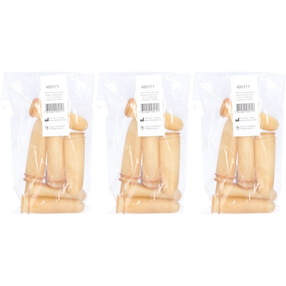 Trois paquets de doigtiers en emballage plastique. Chaque paquet contient plusieurs doigtiers. Étiquettes avec texte et code-barres.