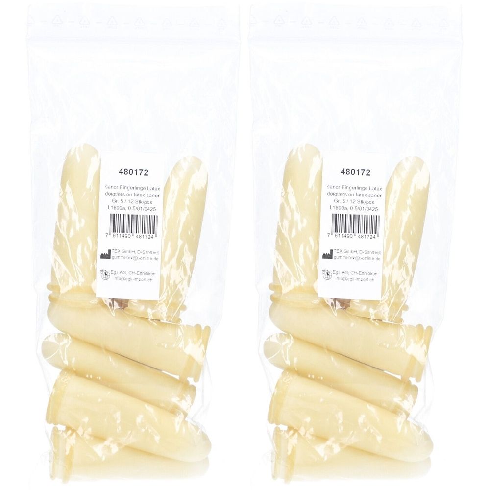 Twee verpakkingen vingercondooms. Elke verpakking bevat meerdere crèmekleurige latex vingercondooms. Elke verpakking heeft een etiket met tekst.