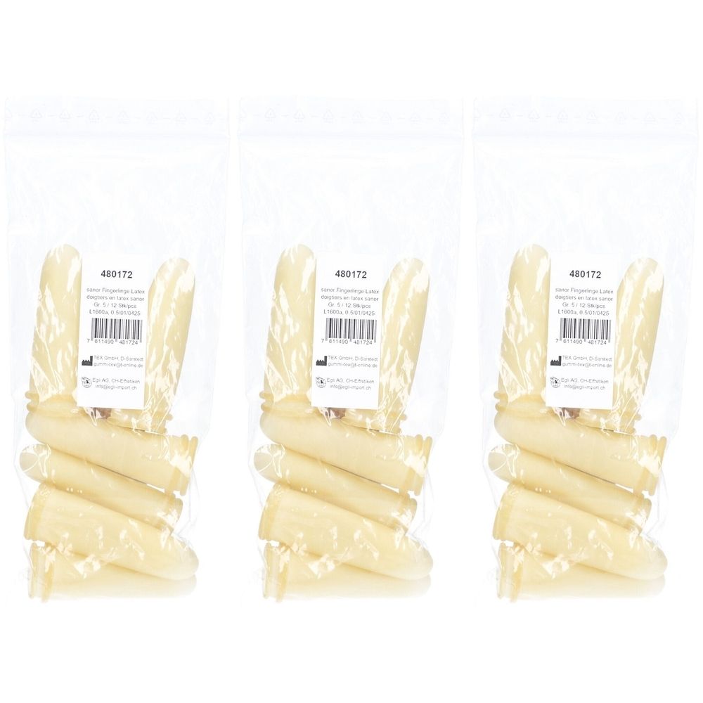 Trois paquets de doigtiers en latex. Chaque paquet contient plusieurs doigtiers. Chaque paquet porte une étiquette avec du texte et un code-barres.