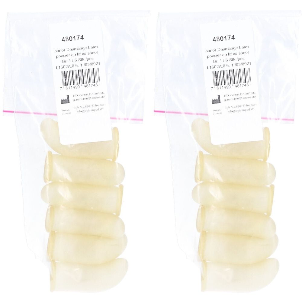 Twee zakjes latex vingertoppen. Elke verpakking bevat meerdere conische vingertoppen. Afdrukken op de zakjes.