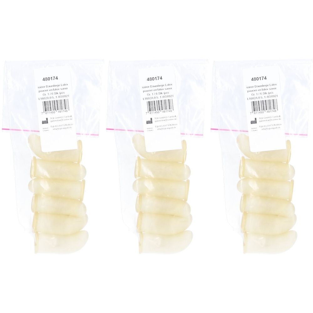 Trois paquets de doigts en latex poudrés, coniques. Chaque paquet contient plusieurs doigtier. Emballés dans des sachets transparents avec étiquette.