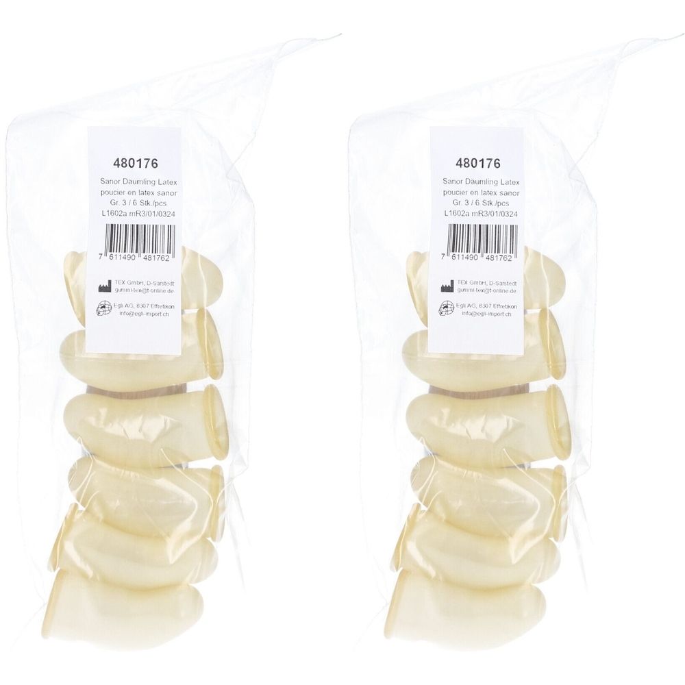 Meerdere latex vingerlingen in een transparante verpakking. Bedrukking met artikelnummer en maatindicatie.