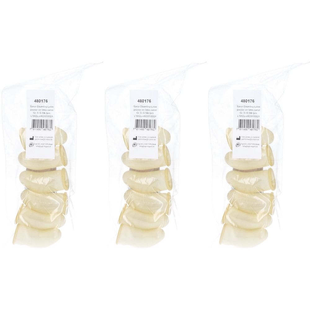 Drie verpakkingen latex vingercondooms, maat 3, in transparante zakjes. Elke verpakking bevat meerdere vingercondooms.