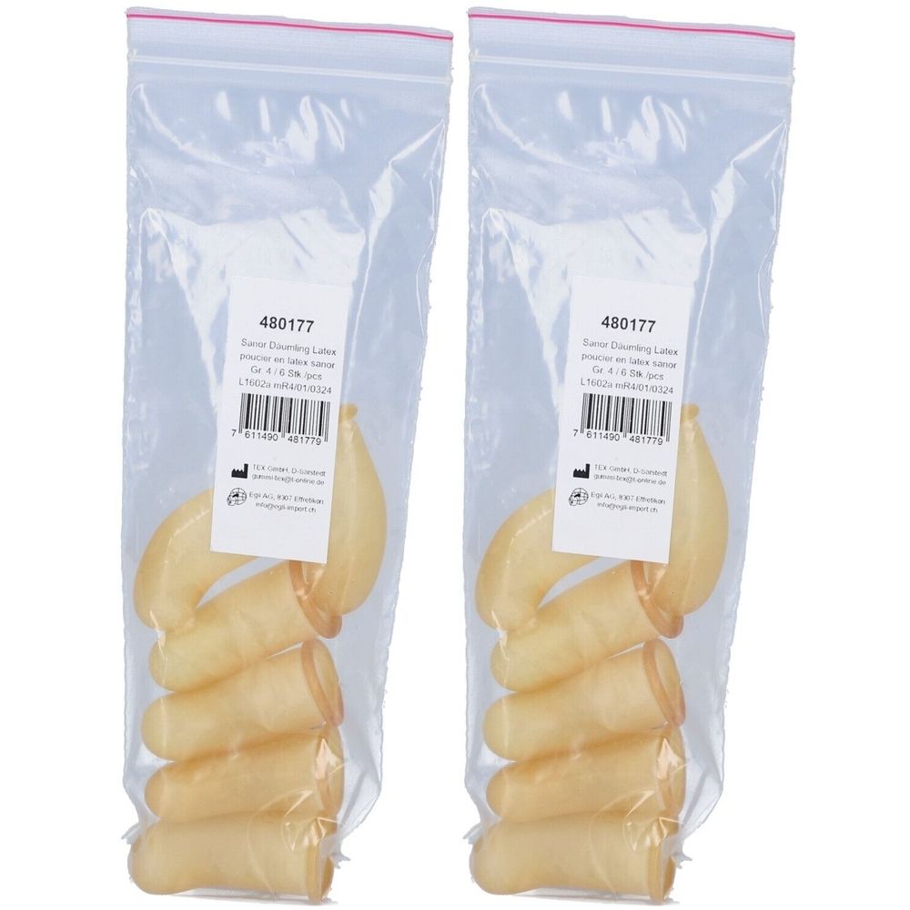 Twee transparante zakjes met latex vingertoppen. Op de etiketten staan productnummers en barcodes.