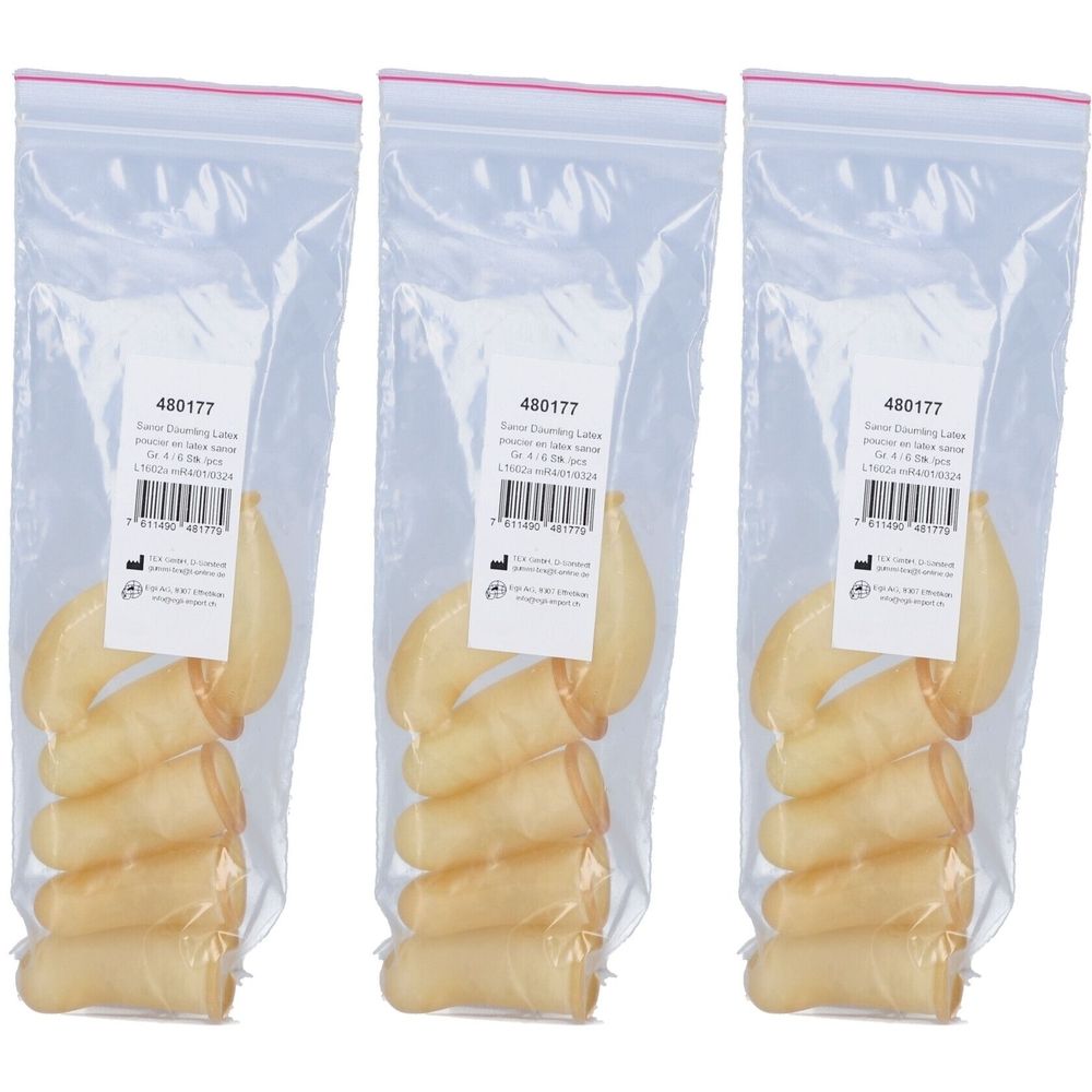 Drie zakjes latex duimvingers. Elk zakje bevat meerdere vingers. Labels met productinformatie.